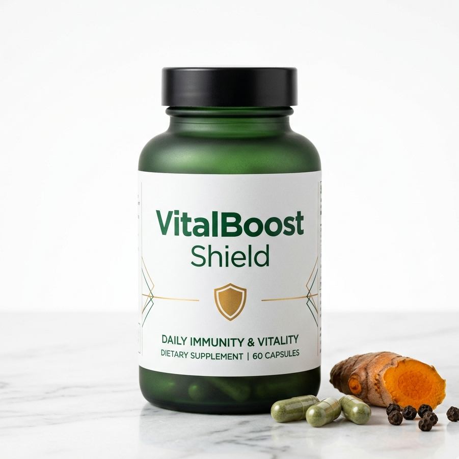 VitalBoost Shield – výživový doplnok pre kĺby, zelená fľaša s kapsulami
